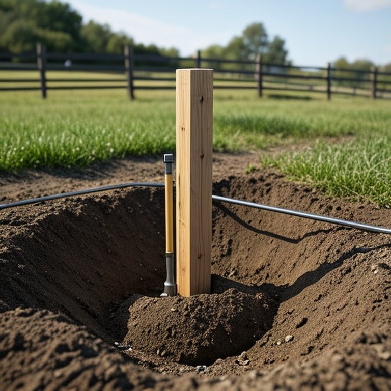 Rural farm pasture wooden fence post installation with tamped earth method