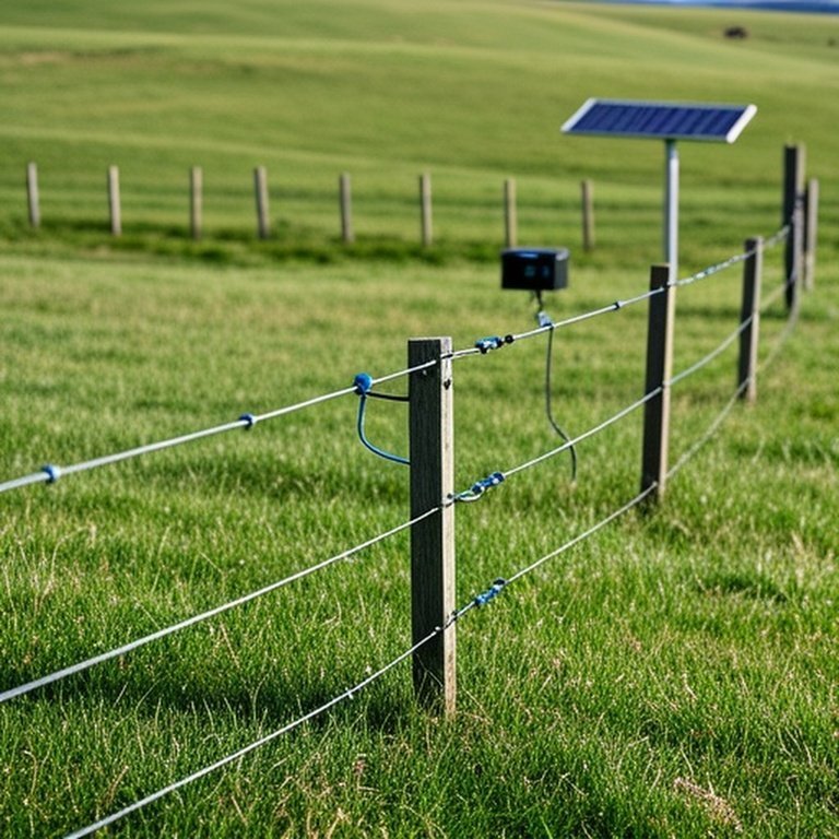 Realistic documentary-style electric livestock fence setup in grassy agricultural pasture