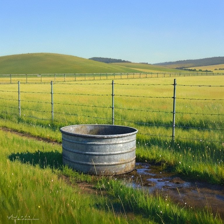 Realistic pastoral scene with permanent wire fence and metal water trough in a well-maintained grassy pasture, illustrating ideal distance concept for agricultural management