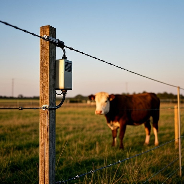 Realistic documentary-style photograph of a farm pasture with an installed electric fence system (grounded energizer unit, taut wire), a calm cow nearby demonstrating the fence’s deterrent effect, late-afternoon sunlight, and typical pasture elements like grass, sparse vegetation, and open sky