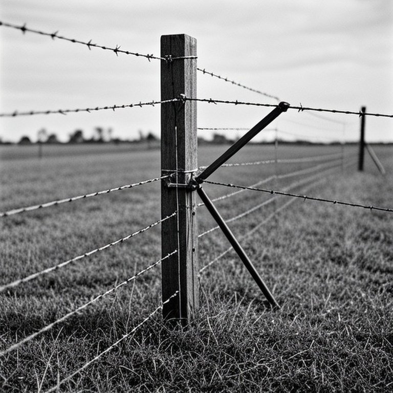 Realistic documentary-style photograph of a taut woven wire fence being stretched in a grassy agricultural field for livestock containment