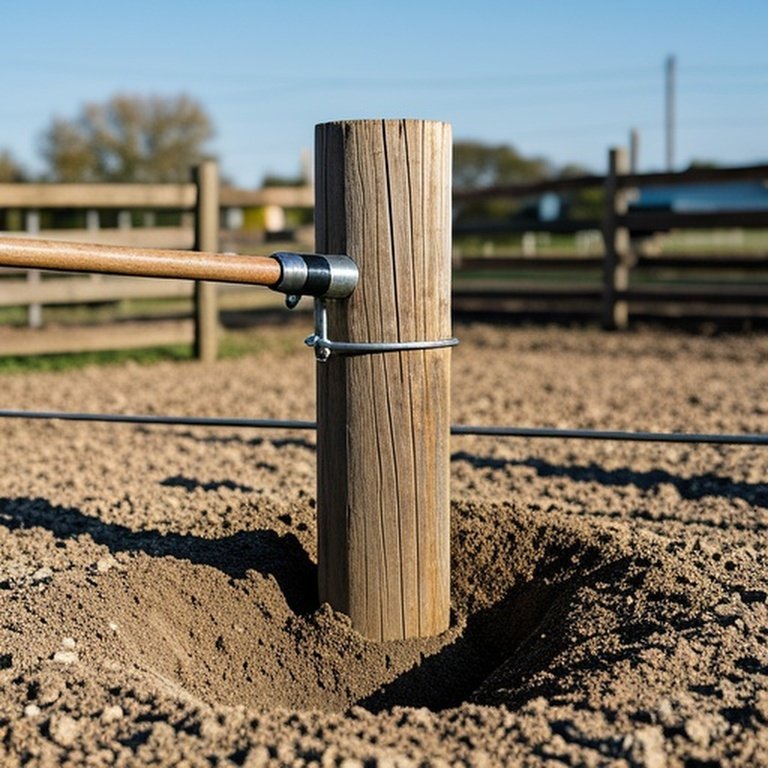 Documentary-style photo of wooden fence post compaction installation in rural farm field with gravel backfill Documentary-style photo of wooden fence post compaction installation in rural farm field with gravel backfill