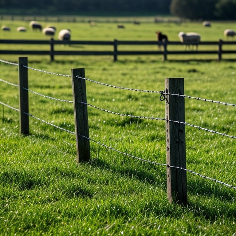 Realistic documentary-style photograph of species-specific fences in a pastoral farm pasture showcasing livestock containment needs