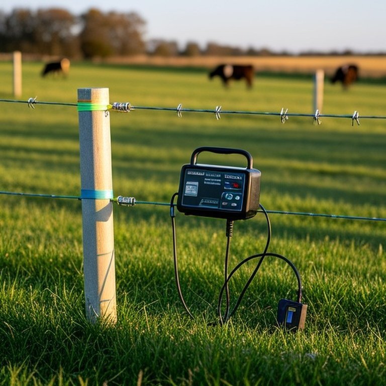 Portable electric fence setup in grassy pasture with fiberglass step-in posts and polytape conductors
