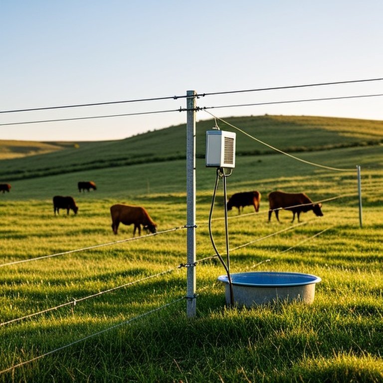 Sunny agricultural pasture with electric cross fencing system for grazing management