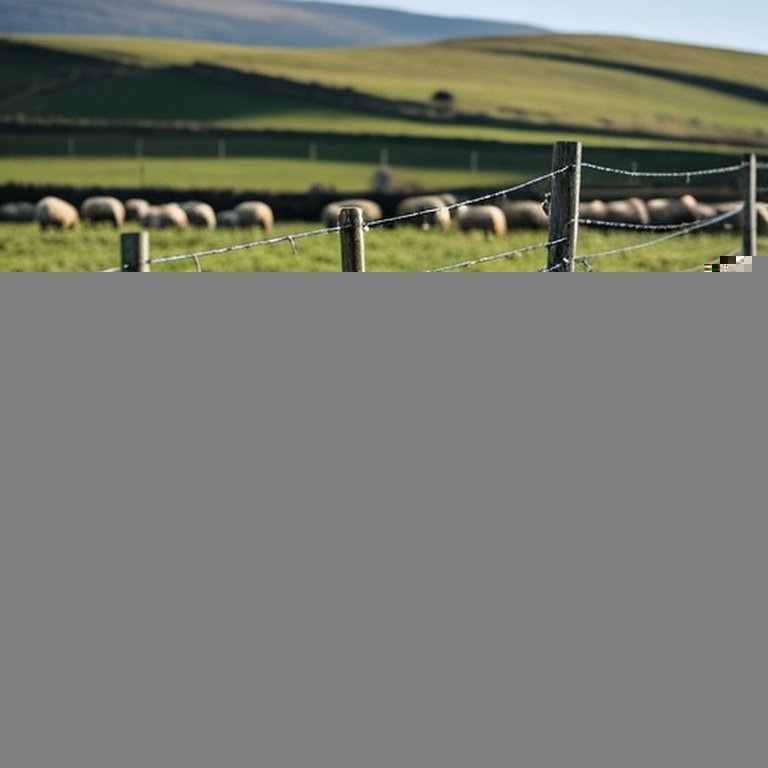 Realistic documentary-style photograph of a pastoral farm scene with partially installed perimeter fence, showcasing grazing livestock and fencing materials, illustrating pasture management considerations including livestock behavior and perimeter security Realistic documentary-style photograph of a pastoral farm scene with partially installed perimeter fence, showcasing grazing livestock and fencing materials, illustrating pasture management considerations including livestock behavior and perimeter security