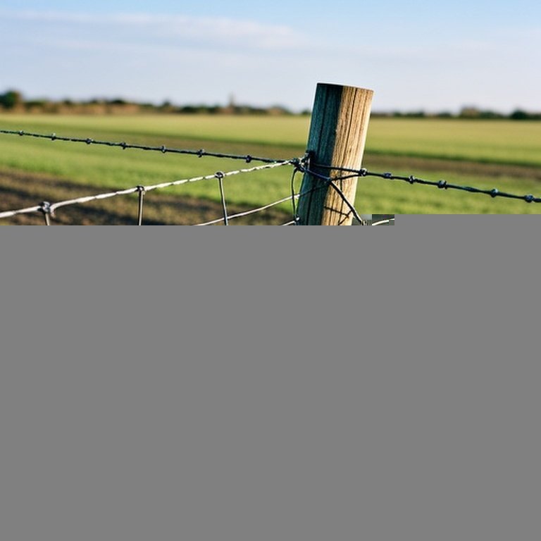 Wind-damaged agricultural wire fence corner with leaning post, disturbed soil, and slack diagonal brace wires