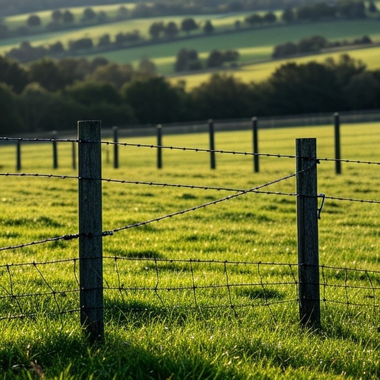 Grassy agricultural pasture with two-tier fencing for rotational grazing