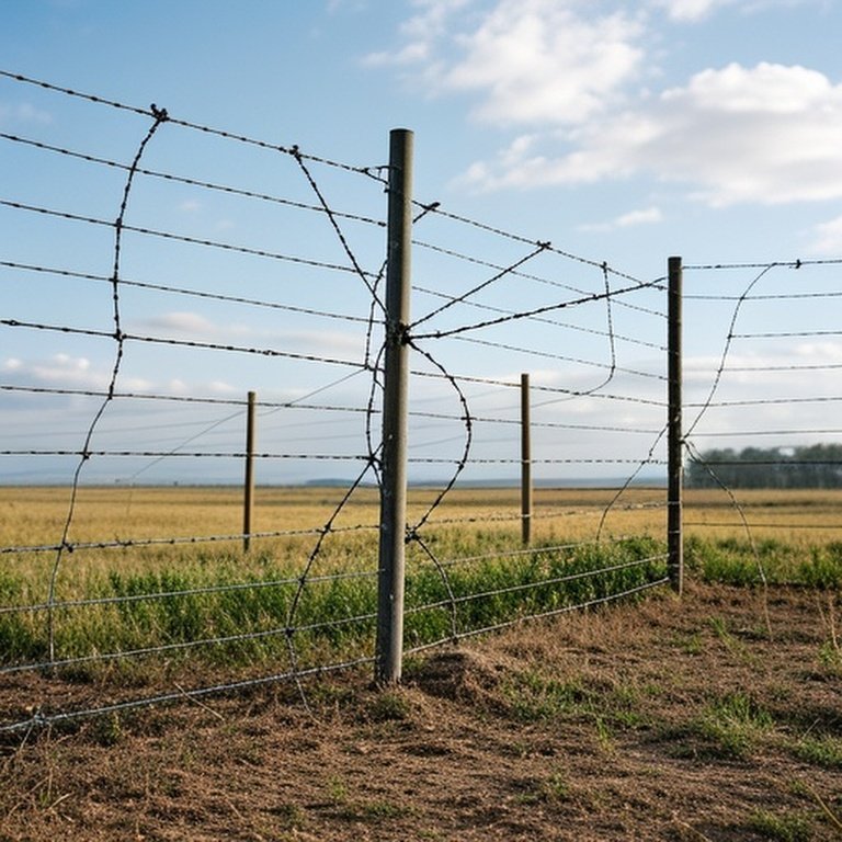 Realistic documentary-style photograph of a multi-strand high-tensile wire fencing system with concrete posts and reinforced corner bracing in an open pasture Realistic documentary-style photograph of a multi-strand high-tensile wire fencing system with concrete posts and reinforced corner bracing in an open pasture