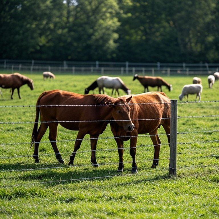 Realistic agricultural pasture scene with flexible fencing system enclosing mixed livestock (cattle, horses, sheep, goats) for safe, durable coexistence Realistic agricultural pasture scene with flexible fencing system enclosing mixed livestock (cattle, horses, sheep, goats) for safe, durable coexistence