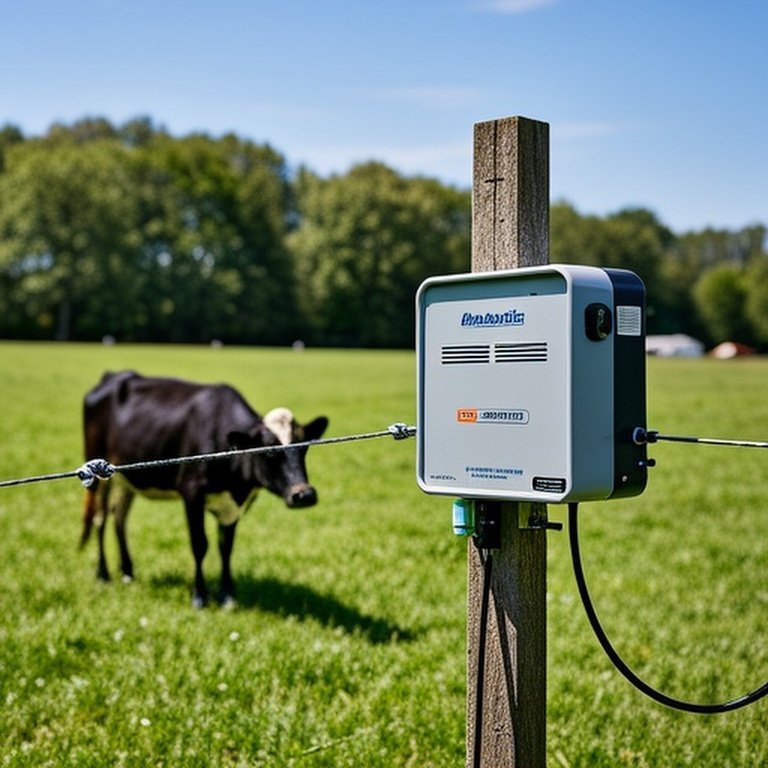 Sunny farm pasture with modern electric fence setup and cow reacting to demonstrate shock effectiveness Realistic sunny farm pasture scene with modern electric fence energizer, well-maintained fence, ground rod, and a cow reacting to demonstrate non-injurious shock, emphasizing safety and effectiveness of certified equipment