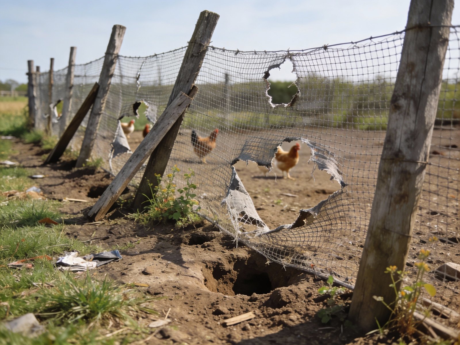 Damaged chicken fence showing common failure points