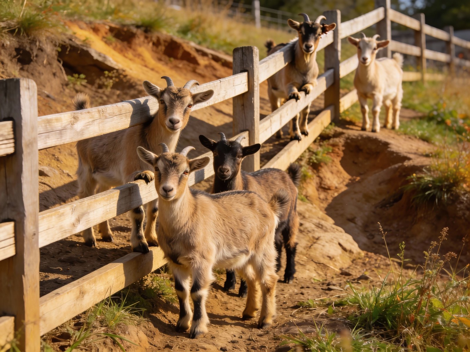 Goats near pasture fence on uneven terrain