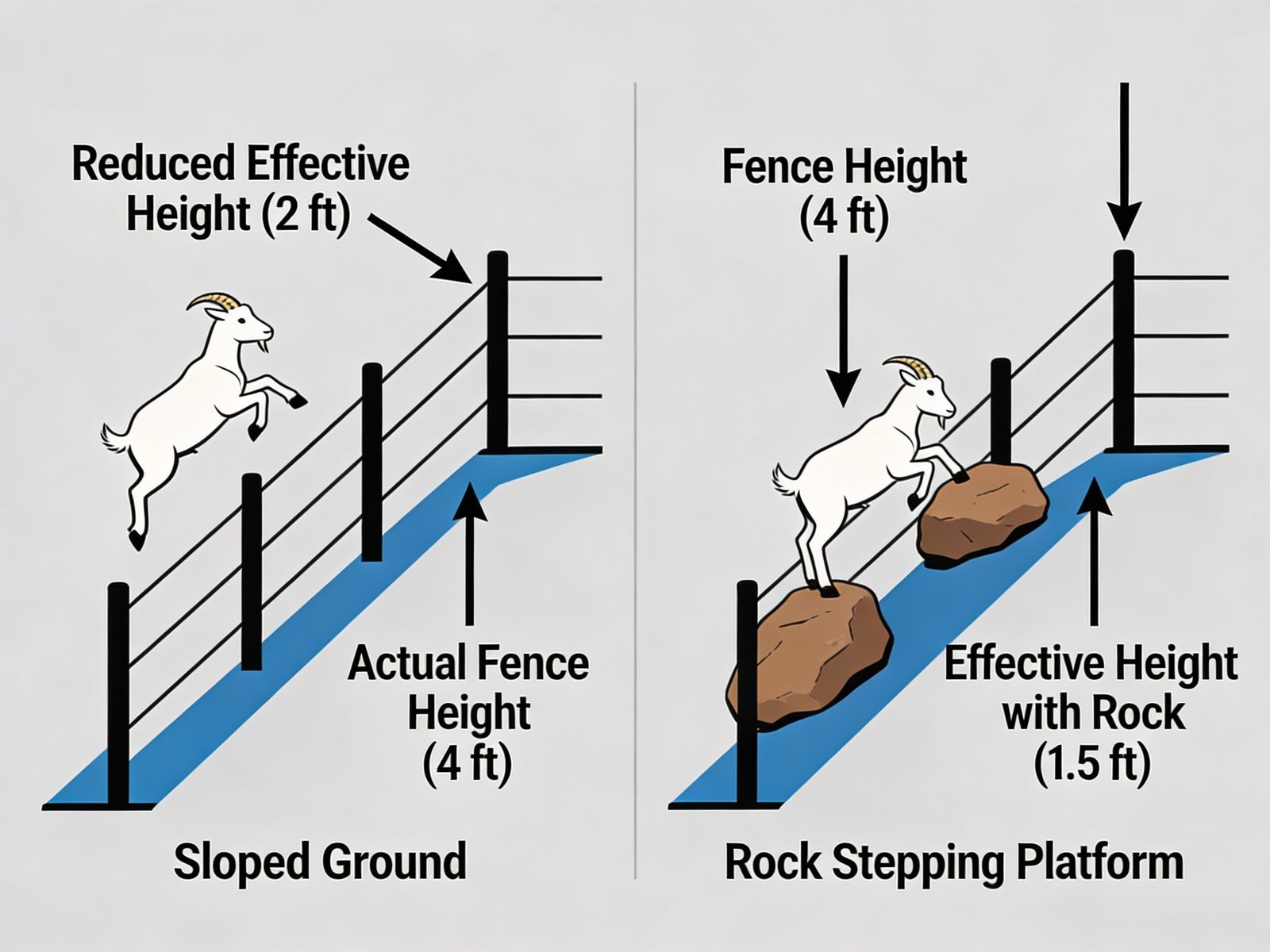 Technical diagram showing how terrain and objects reduce effective fence height