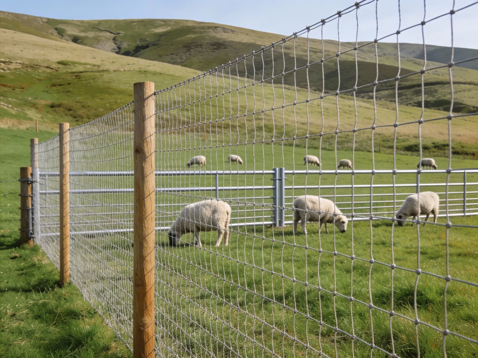 Sheep protected by woven wire fencing in pasture