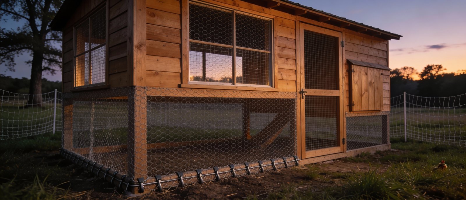 Chicken coop at dusk with secure fencing