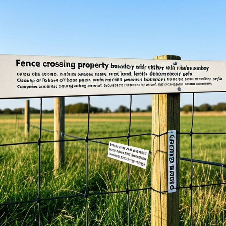 Fence crossing property boundary with survey stakes in rural land (documentary style)