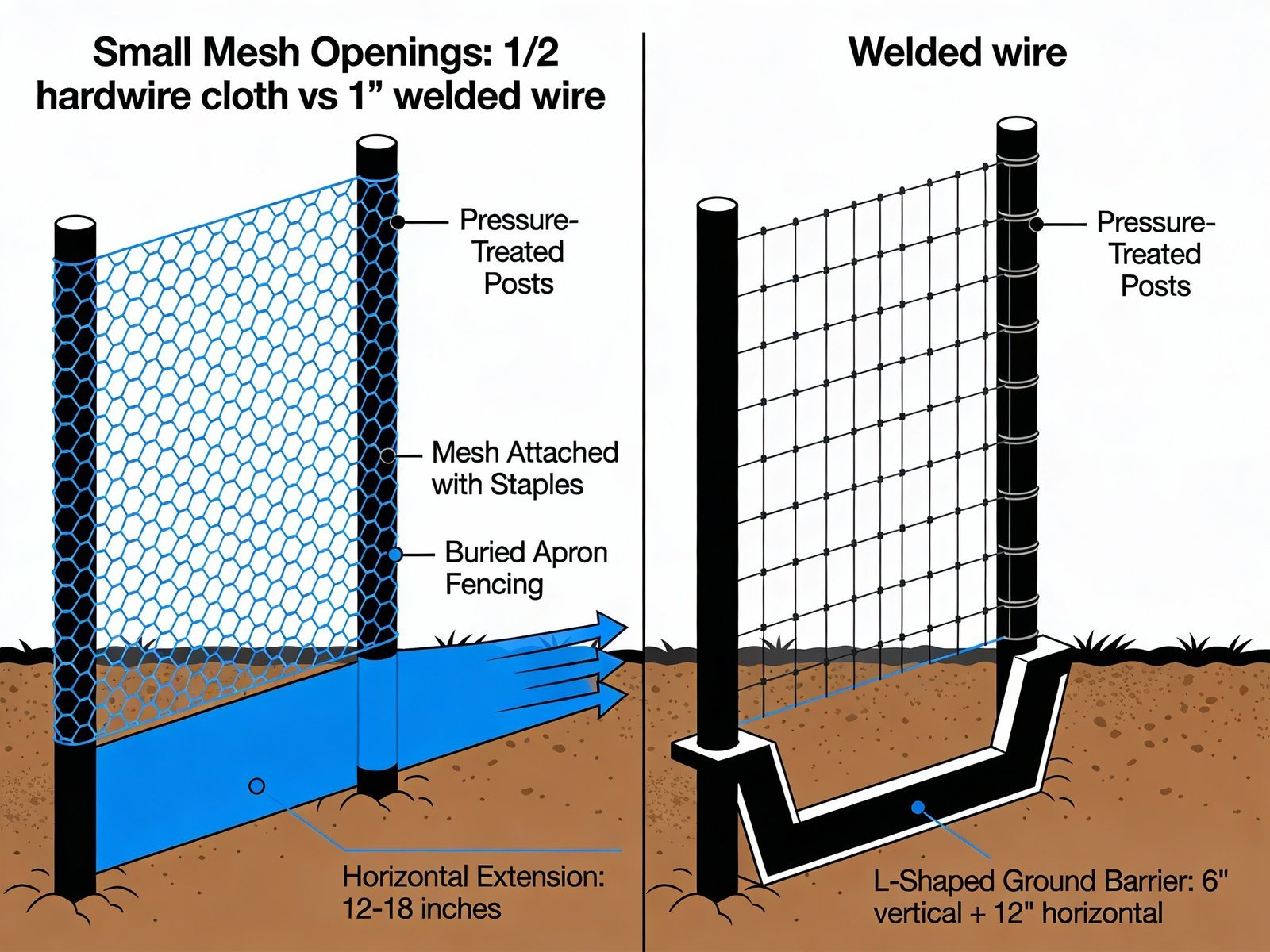 Fencing construction diagram with mesh types