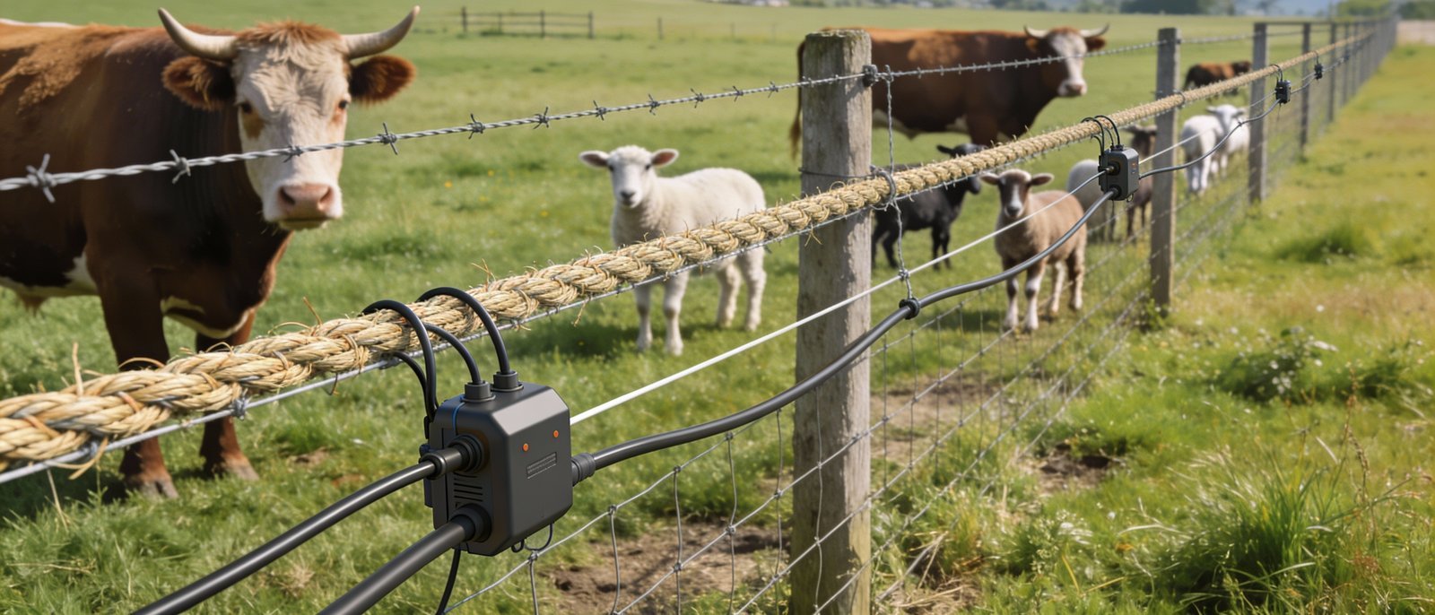 Mixed livestock species safely contained behind combined fencing system