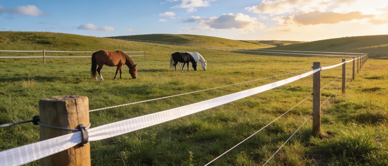 Horses grazing safely behind cost-effective electric tape fencing in open pasture
