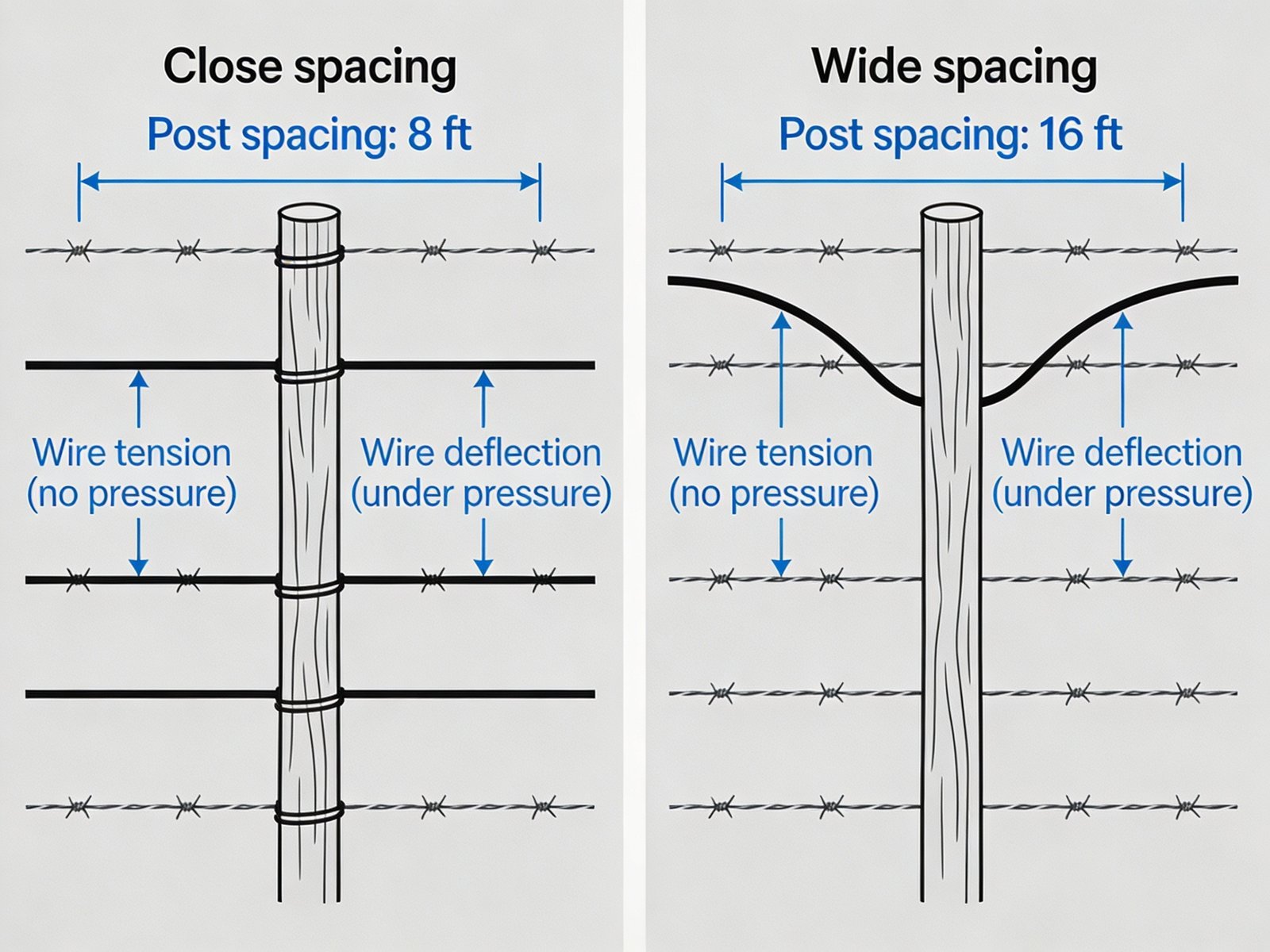 Technical diagram showing fence post spacing and wire deflection