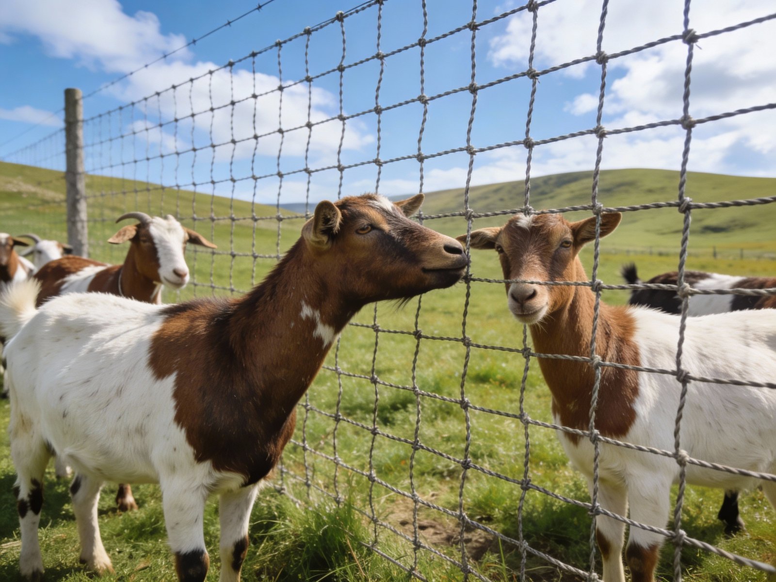 Goats near woven wire fence in pasture