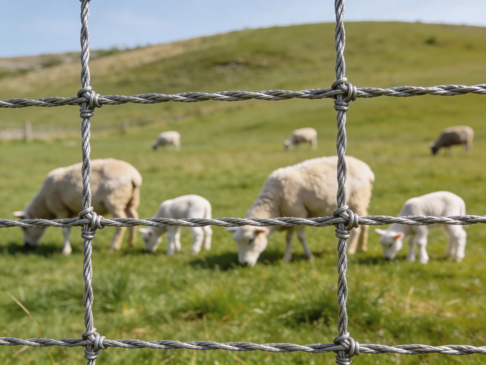 Sheep grazing in pasture with woven wire fencing