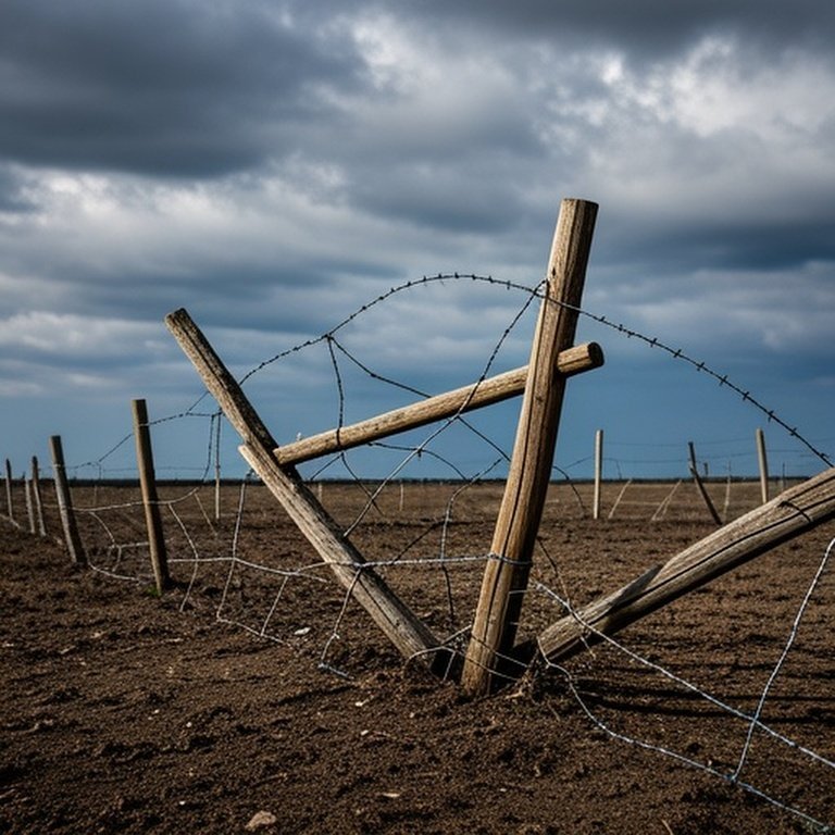 Storm-damaged agricultural fence section showing structural compromise needing replacement