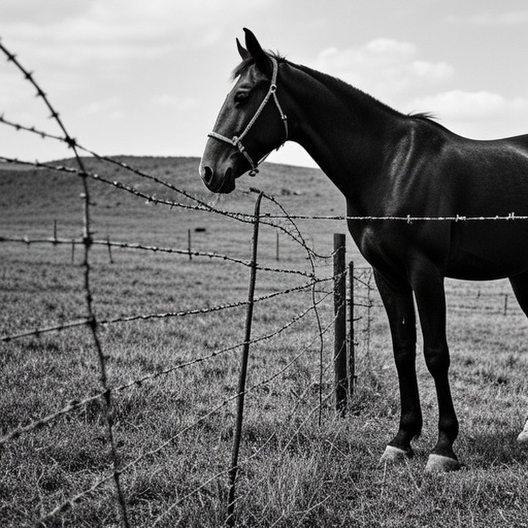 Stressed equine livestock near weathered barbed wire fence in pasture, highlighting risk of barbed wire fencing in inappropriate high-pressure environments