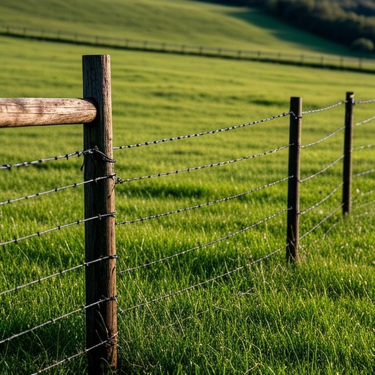 Farm pasture with contrasting perimeter and interior cross fencing under natural light
