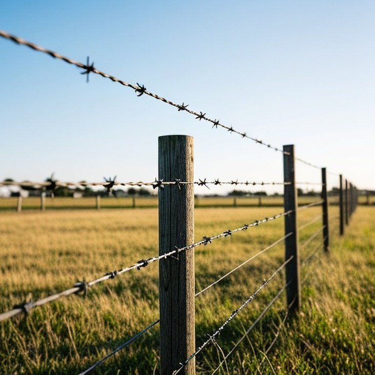 Realistic photograph of a well-maintained high-tensile wire fence in a rural agricultural landscape, showcasing structural stability and low-maintenance resilience