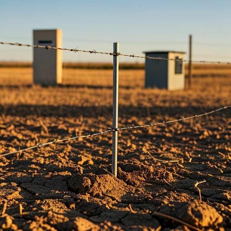 Realistic documentary-style photograph of an electric fence system in a dry pasture, showing a ground rod in cracked arid soil, metal wire connected to a gray energizer box, illustrating increased resistance in the ground return path due to parched soil Realistic documentary-style photograph of an electric fence system in a dry pasture, showing a ground rod in cracked arid soil, metal wire connected to a gray energizer box, illustrating increased resistance in the ground return path due to parched soil