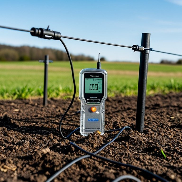 Farm electric fence being tested with a digital voltage tester in an agricultural setting