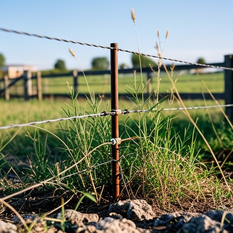 Realistic documentary-style photograph of an electric fence in a rural farm pasture illustrating common low voltage causes including vegetation contact, poor grounding, and faulty connections