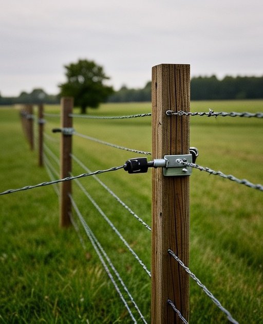 Rural agricultural pasture showcasing a properly installed Wire Stretching & Tensioning Guide system with evenly spaced wooden fence posts and taut galvanized wire strands