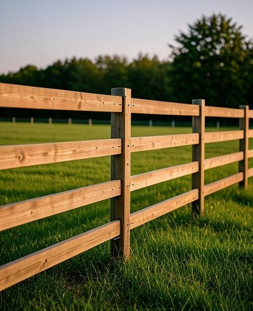 Well-installed Wood Fencing Guide system with pressure-treated posts and planks in a rural agricultural pasture, featuring evenly spaced posts, metal brackets securing thick wooden planks, green pasture grass in the foreground, and distant leafy trees in the background, captured with sharp focus on structural details and soft natural lighting