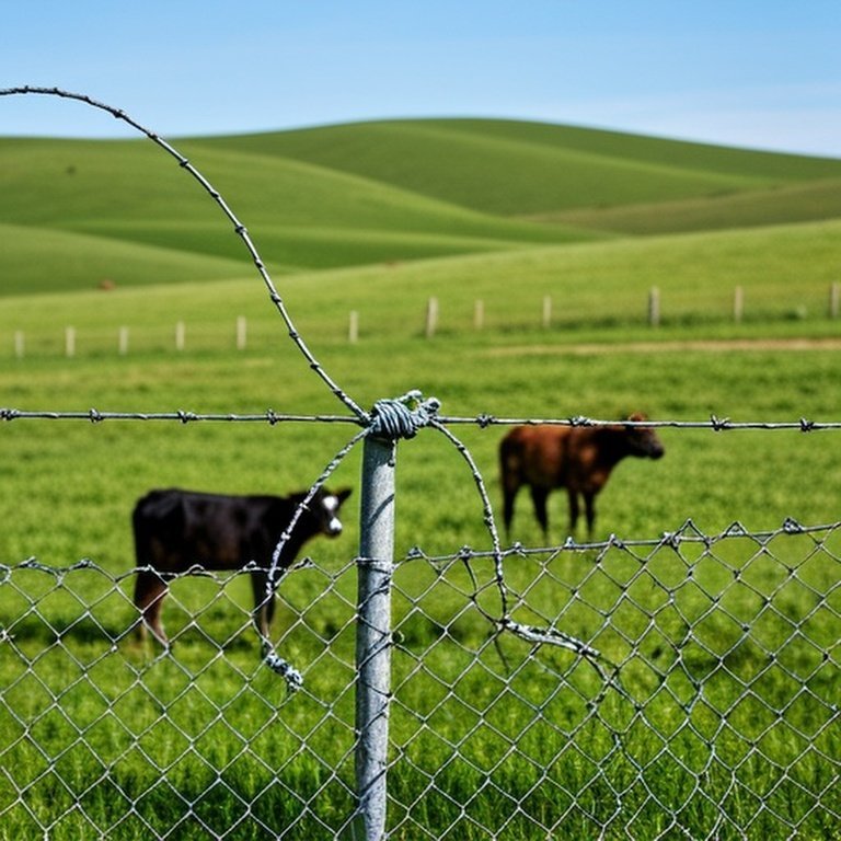 Realistic documentary-style farm pasture photograph with rolling green hills, showing contrasting flexible woven wire fence (with calf) and rigid welded wire fence, highlighting structural differences in agricultural fencing, natural sunlight, and pastoral colors