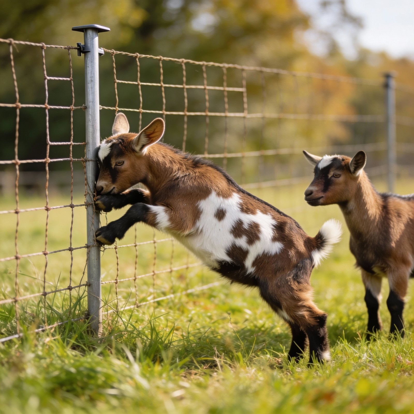Goats testing fence in pasture